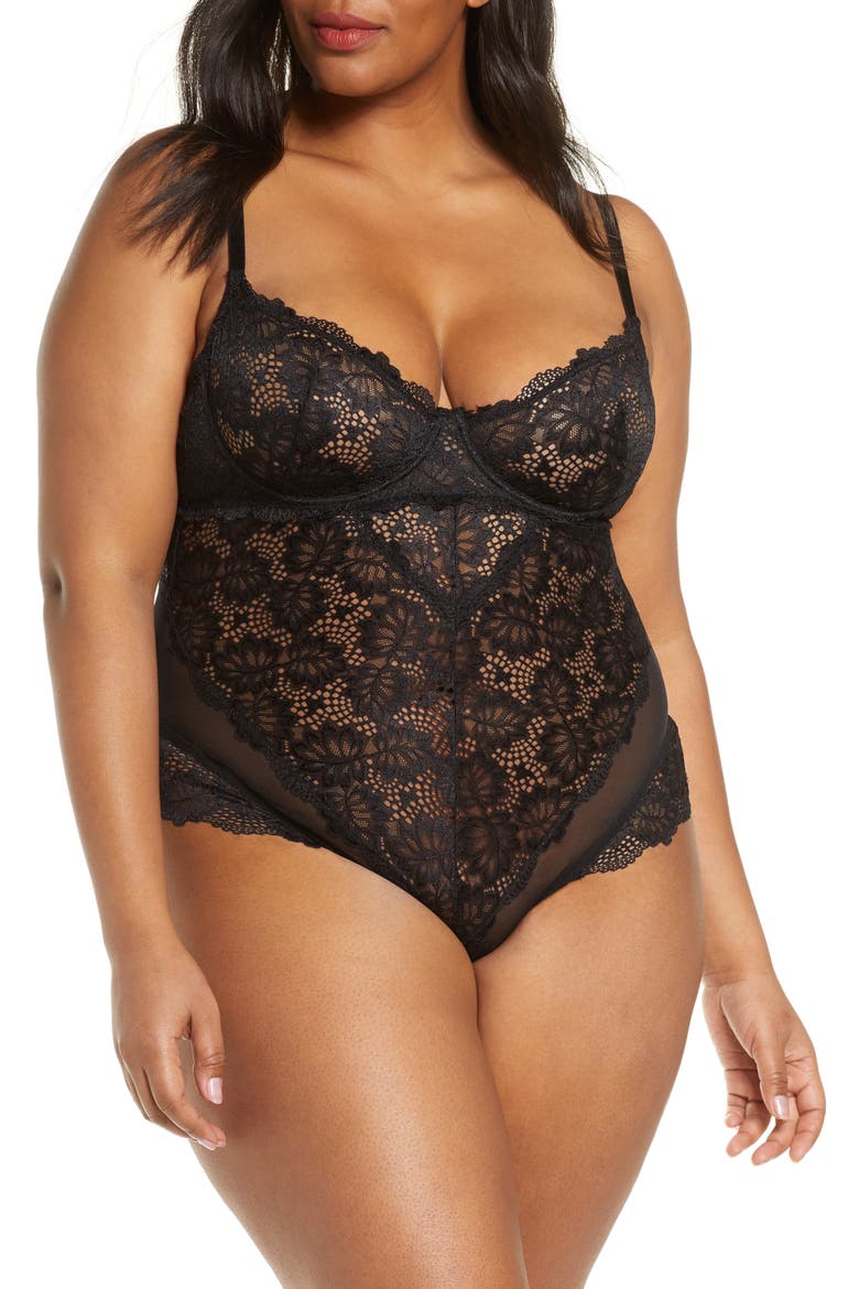 Lace Underwire Teddy, Main, color, BLACK