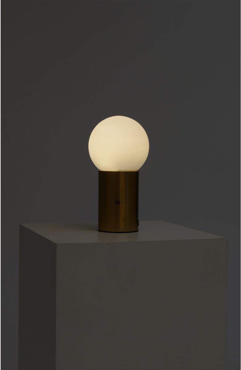 Brightech Kai 11" Modern Frosted Glass Orb Table Lamp with USB Charging Port and Built-In 3-Way Dimmer, Alternate, color, Antique Brass