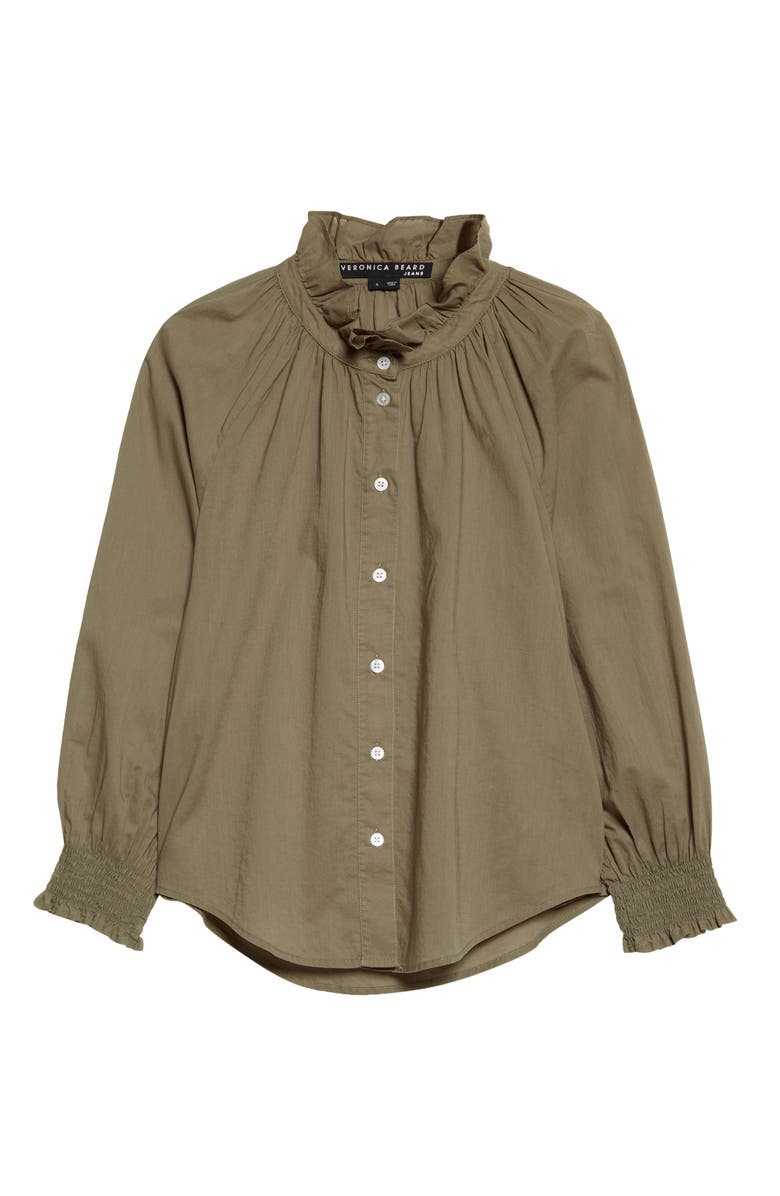 Veronica Beard Calisto Ruffle Collar Cotton Button-Up Shirt, Alternate, color, Bright Army