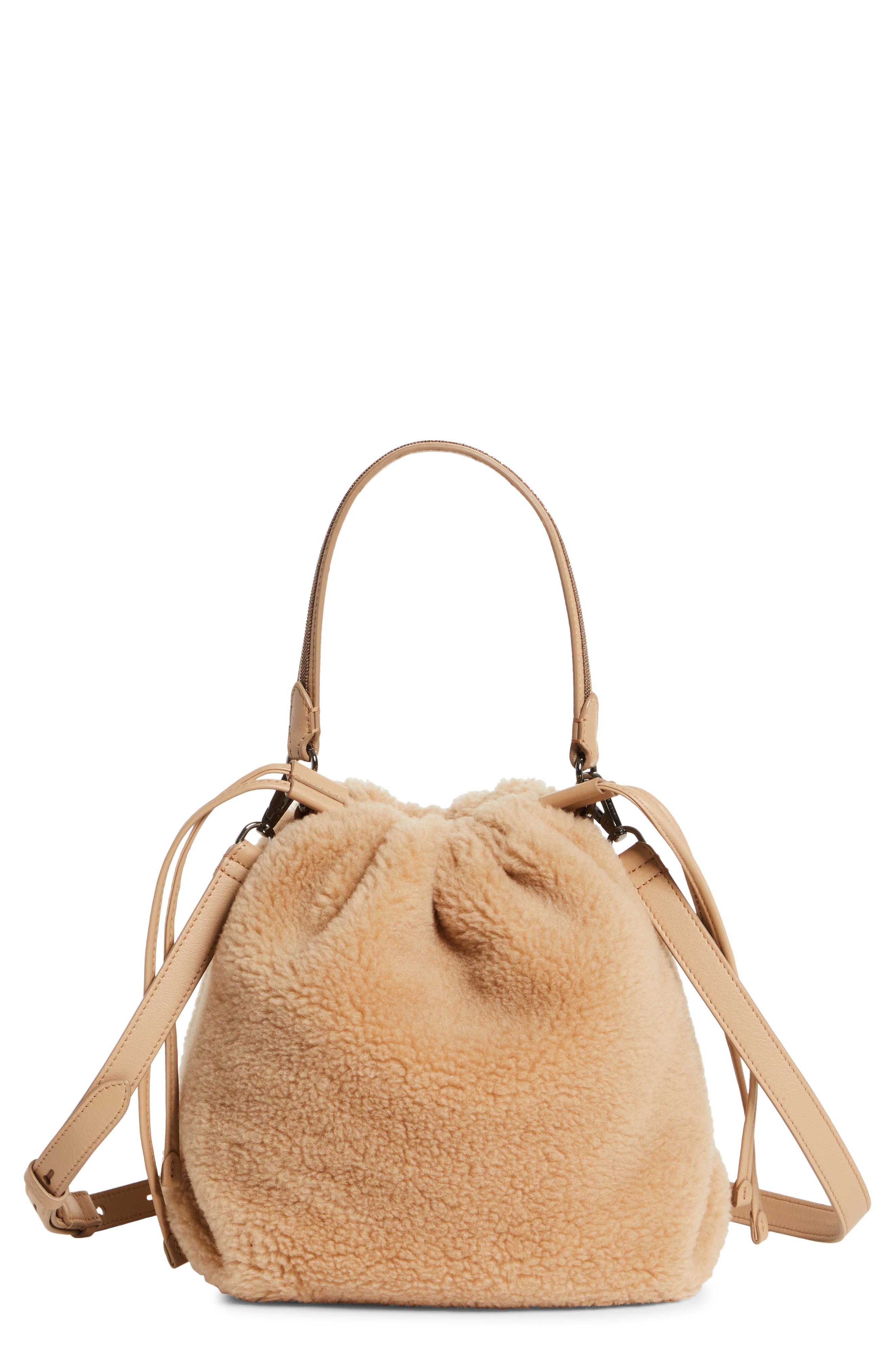 Brunello Cucinelli Genuine Shearling Bucket Bag, Main, color, 