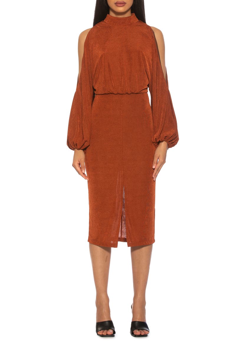 Sem Mock Neck Cold Shoulder Midi Dress, Main, color, CAMEL