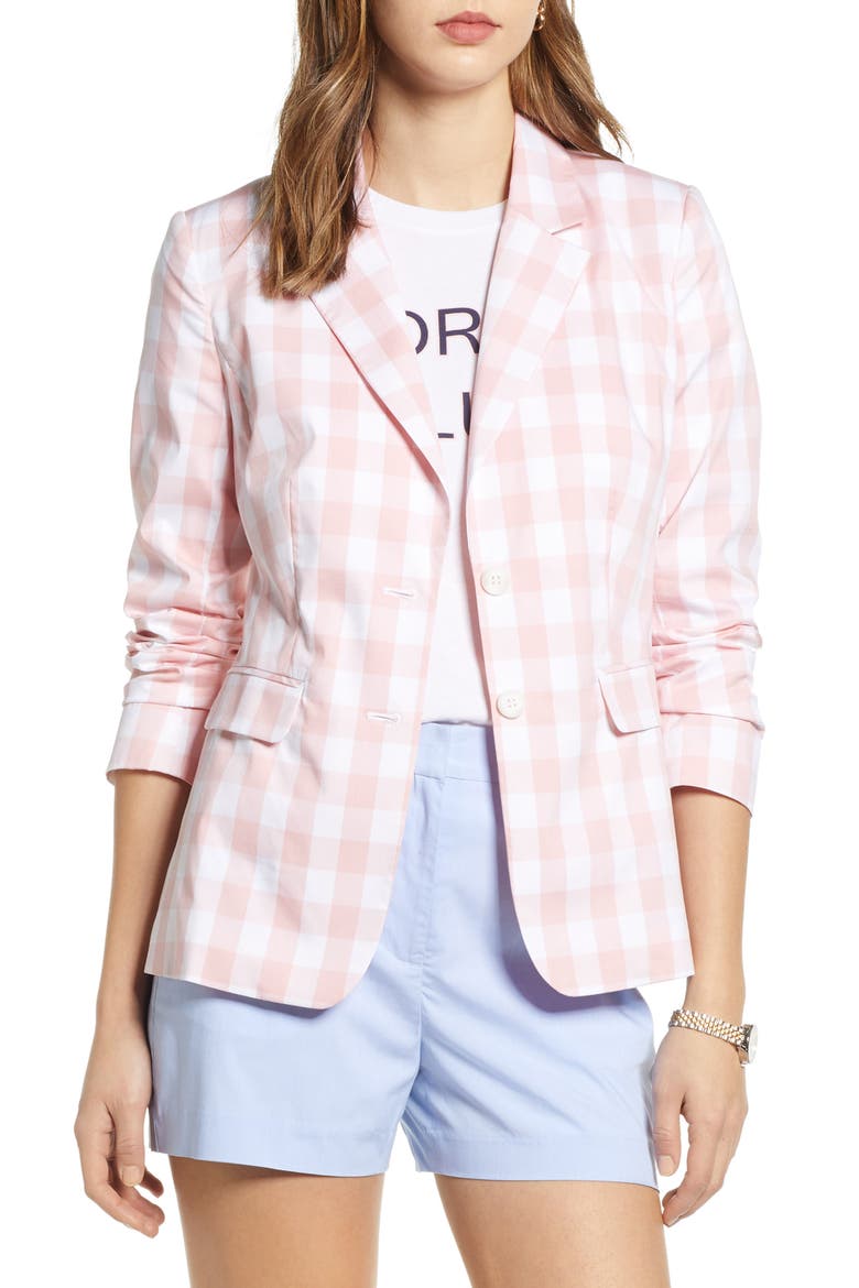 Print Poplin Blazer, Main, color, PINK- WHITE LARGE GINGHAM
