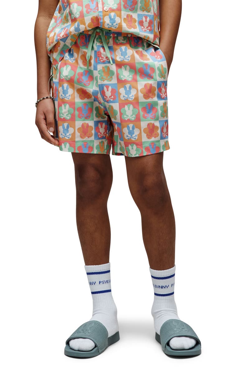 Psycho Bunny Kids' Aiden Bunny Print Swim Trunks, Alternate, color, Pristine