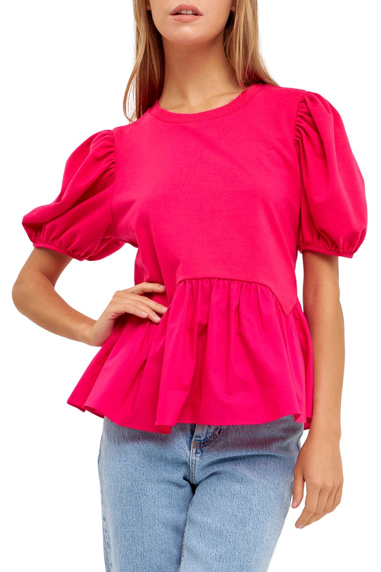Mix Media Puff Sleeve Peplum Top, Main, color, FUCHSIA