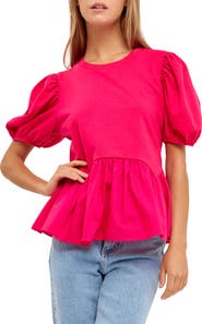 English Factory Mix Media Puff Sleeve Peplum Top