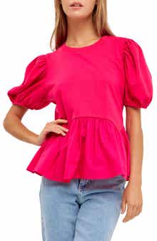 English Factory Mix Media Puff Sleeve Peplum Top