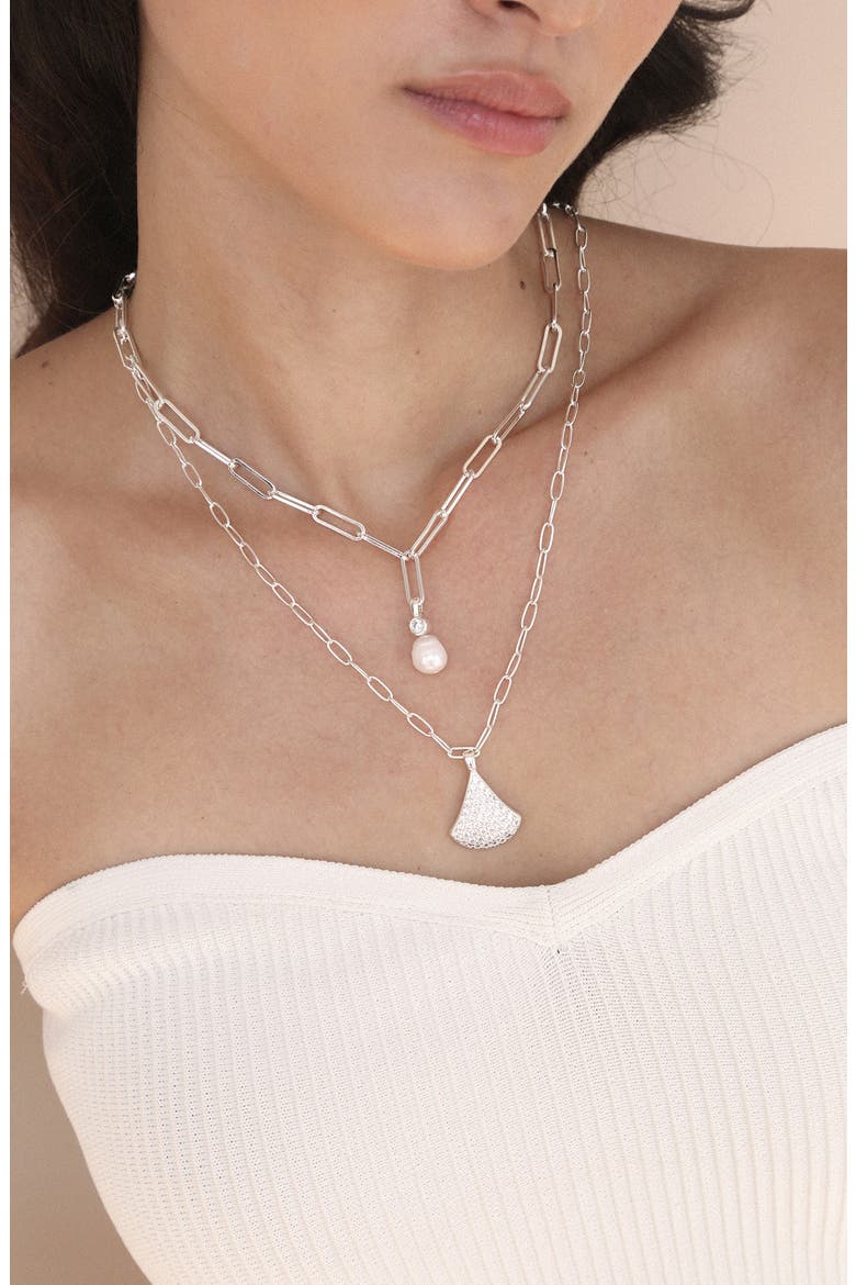 Layered Teardrop & Freshwater Pearl Charm Necklace, Alternate, color, SILVER