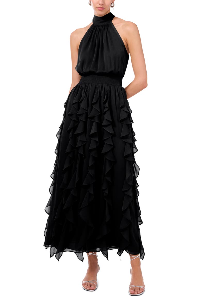 Cascade Ruffle Chiffon Maxi Dress, Main, color, RICH BLACK