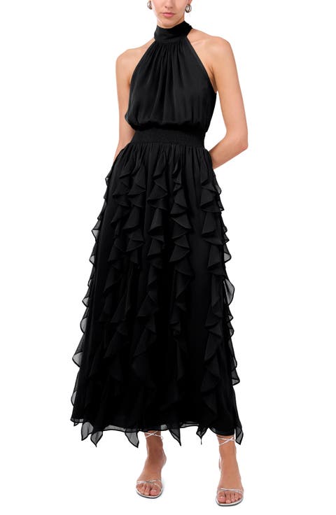 Cascading Pleats Satin Neck Striped Dress Cascading Pleats Satin Neck Striped Dress