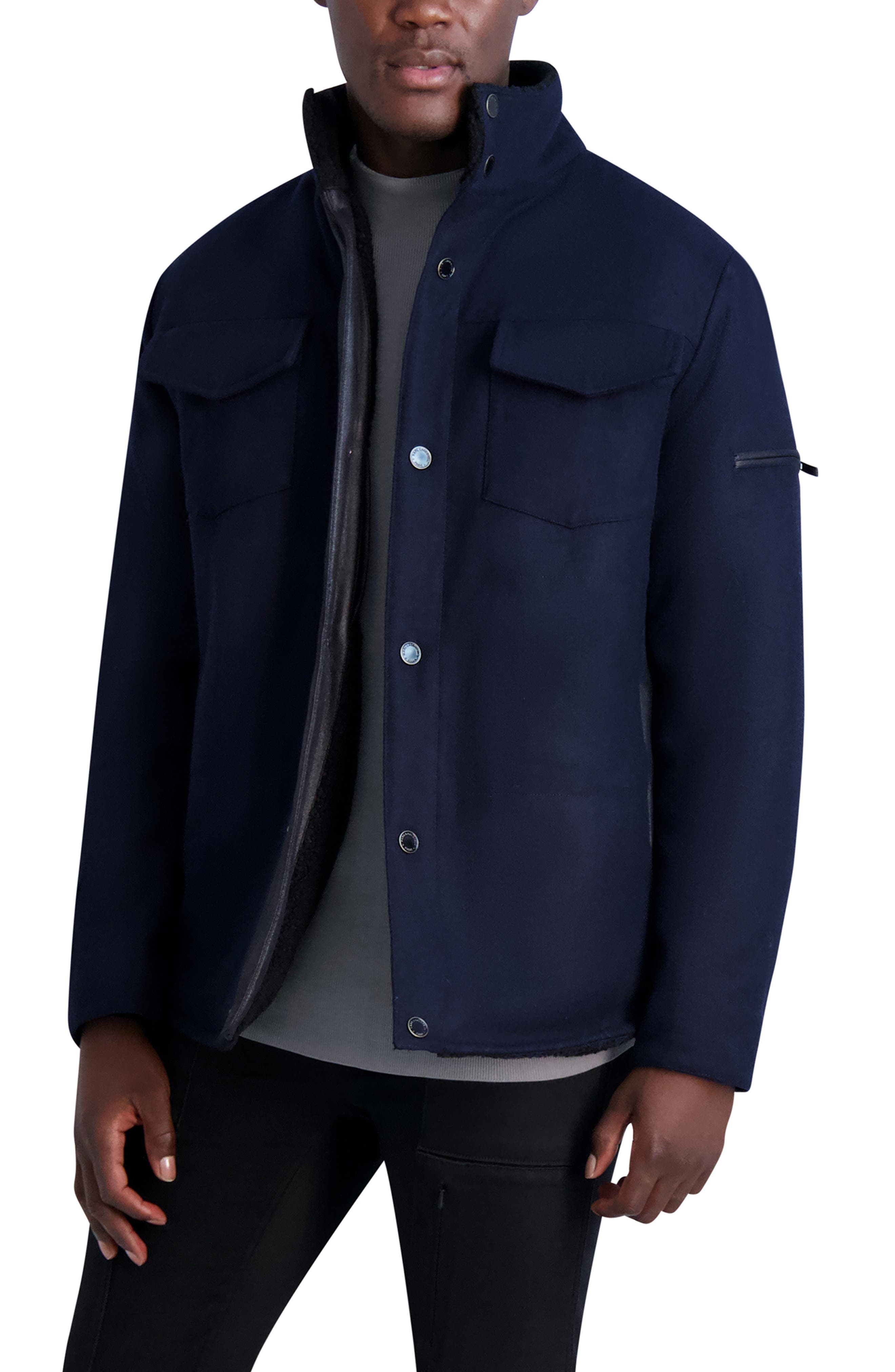 KARL LAGERFELD PARIS Fleece Lined Wool Blend Shirt Jacket