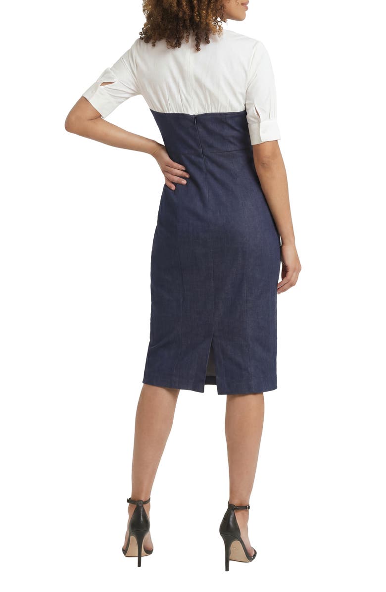London Times Short Sleeve Mixed Media Sheath Dress, Alternate, color, Denim Blue