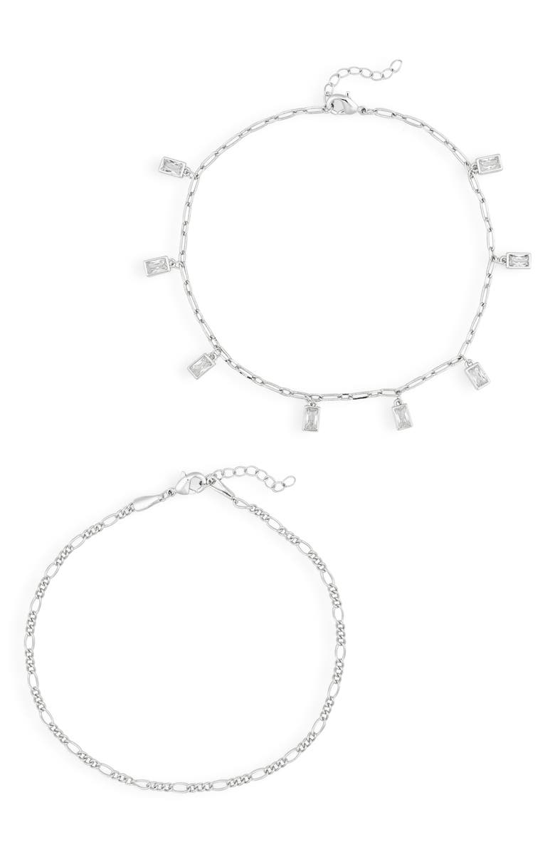 NORDSTROM RACK Set of 2 Baguette Cubic Zirconia & Figaro Chain Anklets, Main, color, Clear- Silver