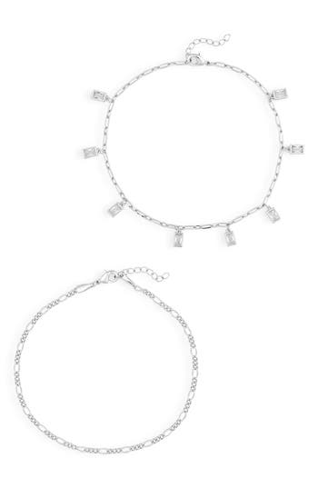 Nordstrom Rack Set Of 2 Baguette Cubic Zirconia & Figaro Chain Anklets In Silver