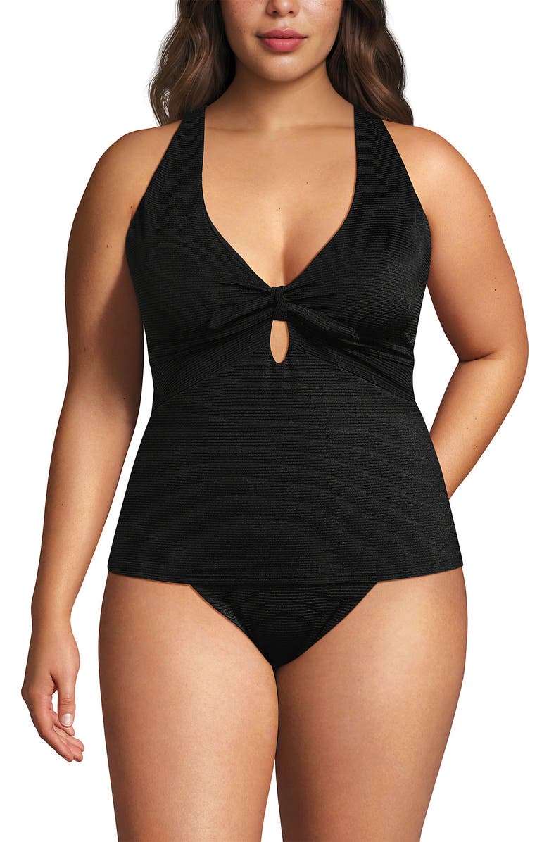 Lands' End Plus Size Shine Ribbed Tankini Top and High Waisted Bottom Swimsuit Set, Alternate, color, Black Ottoman