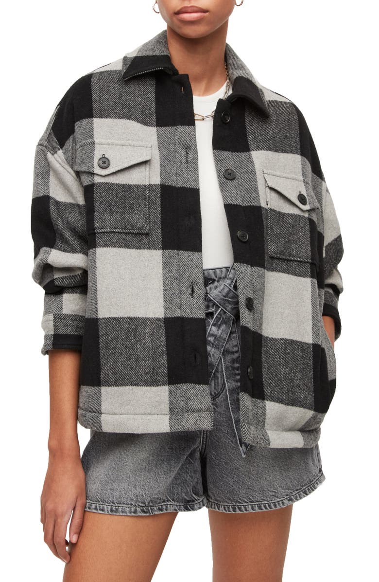 AllSaints Luella Check Oversize Shirt Jacket, Main, color, Black/ Cloud Burst