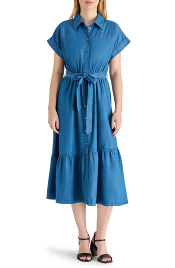 Steve Madden Short Sleeve Chambray Shirtdress In Azure