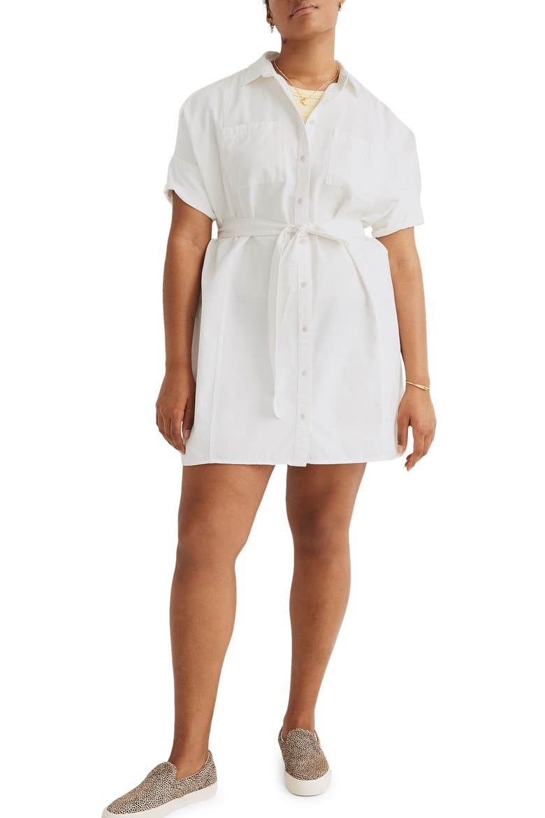 Courier Seamed Denim Tie Waist Shirtdress, Main, color, TILE WHITE