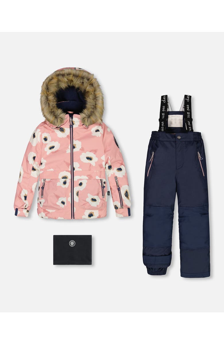 Deux par Deux Girl's Two Piece Snowsuit Pink Printed Off White Flowers And Navy, Main, color, 