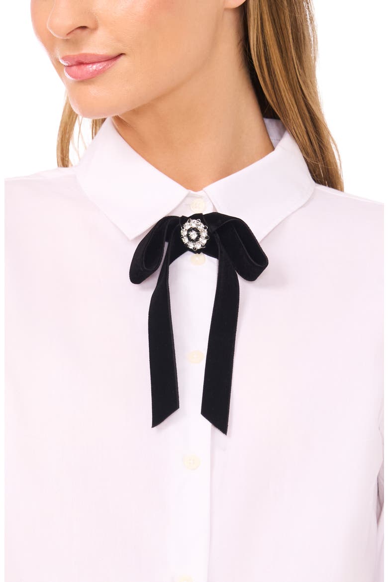 Velvet Bow Crop Cotton Button-Up Shirt, Alternate, color, ULTRA WHITE