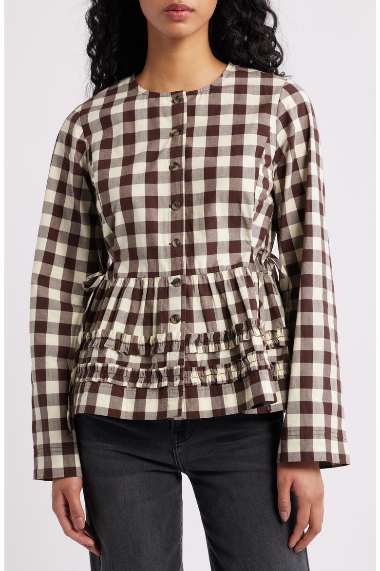 Madison Gingham Long Sleeve Organic Cotton Top, Main, color, BUTTER/ BROWN
