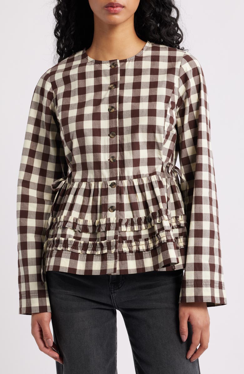 Damson Madder Madison Gingham Long Sleeve Organic Cotton Top, Main, color, Butter/ Brown