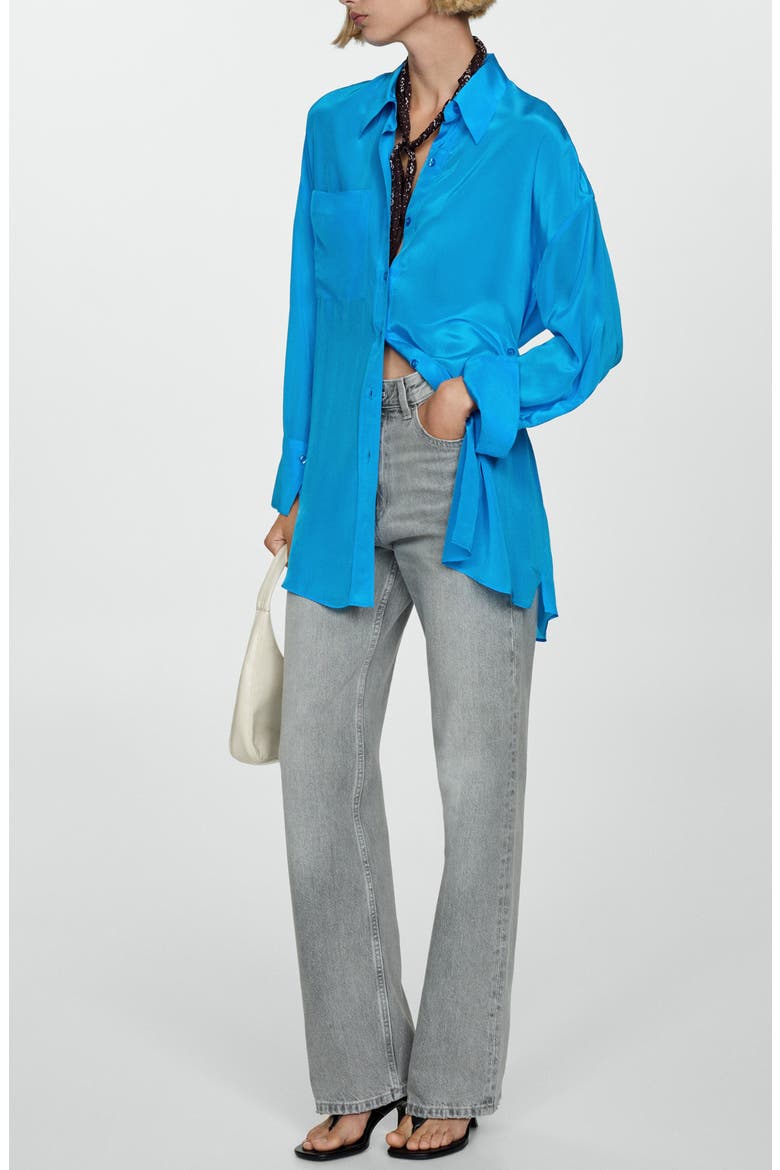 Asymmetric Closure Satin Button-Up Shirt, Alternate, color, BLUE