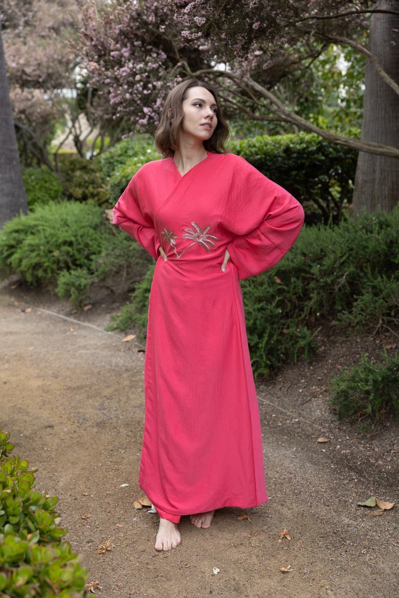 Palm Embroidered Silk Kaftan, Alternate, color, Red