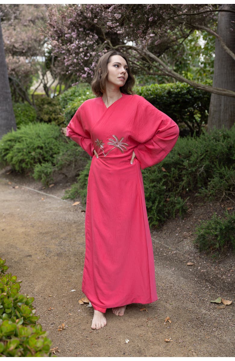 Le Fafo Palm Embroidered Silk Kaftan, Alternate, color, Red