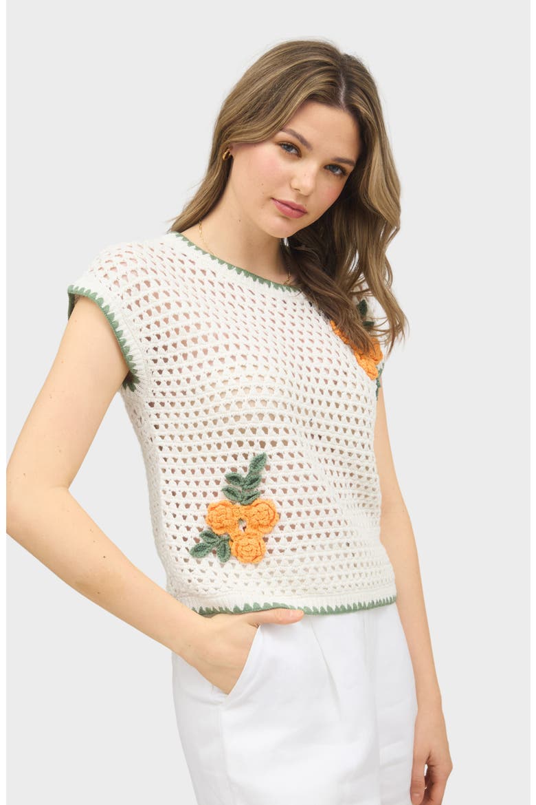 Floral Cap Sleeve Open Stitch Cotton Sweater, Alternate, color, IVORY
