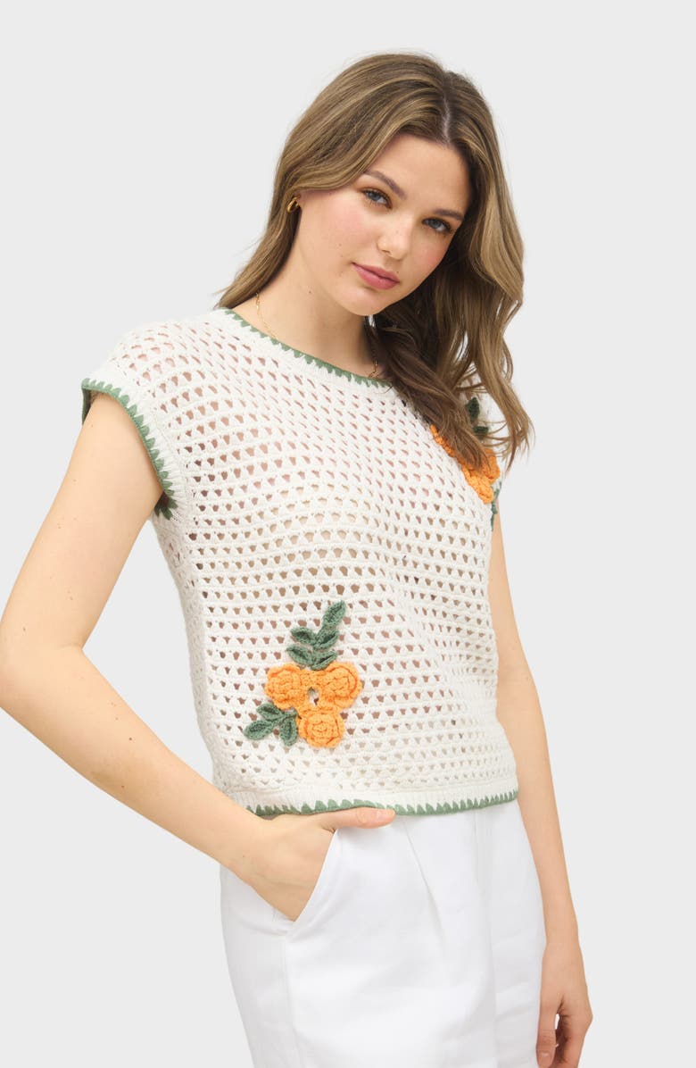 Blu Pepper Floral Cap Sleeve Open Stitch Cotton Sweater, Alternate, color, Ivory