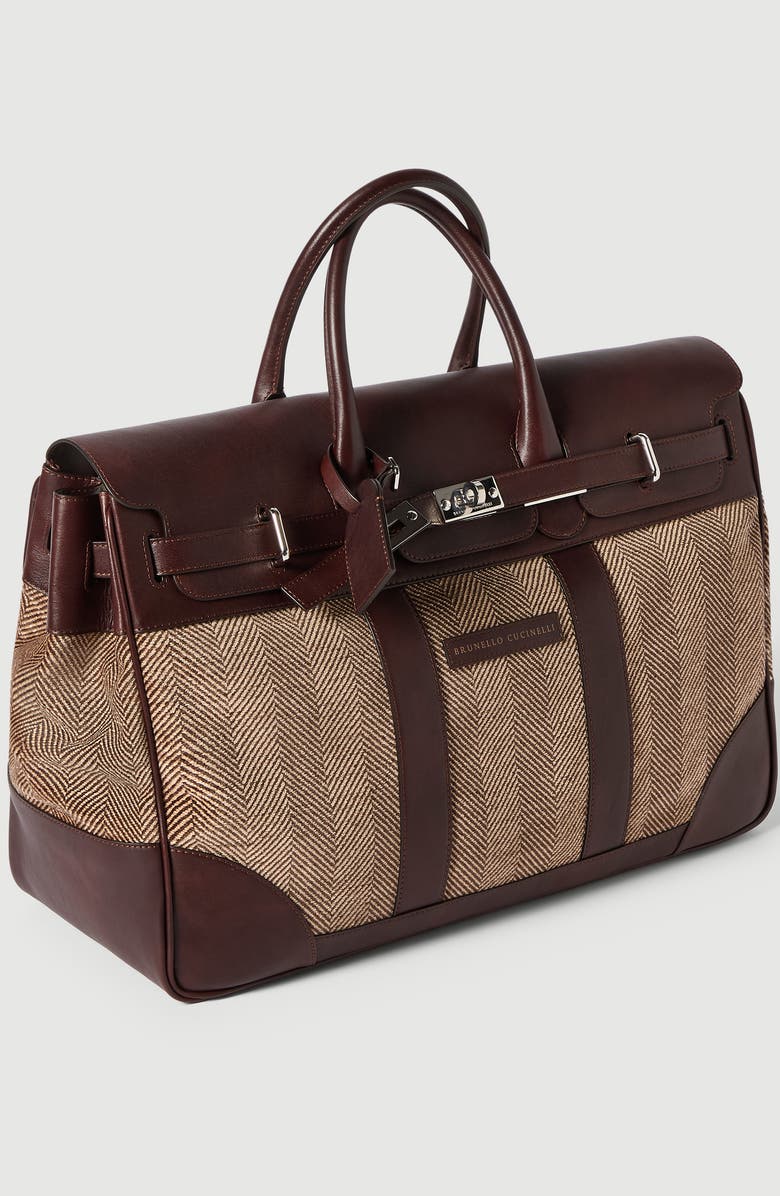 Brunello Cucinelli Burnished calfskin and chevron-effect techno fabric country bag, Alternate, color, Brown