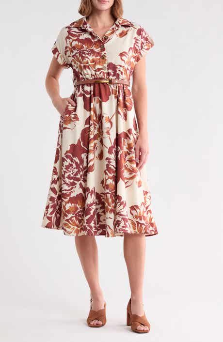 Floral Short Sleeve Belted Midi Dress