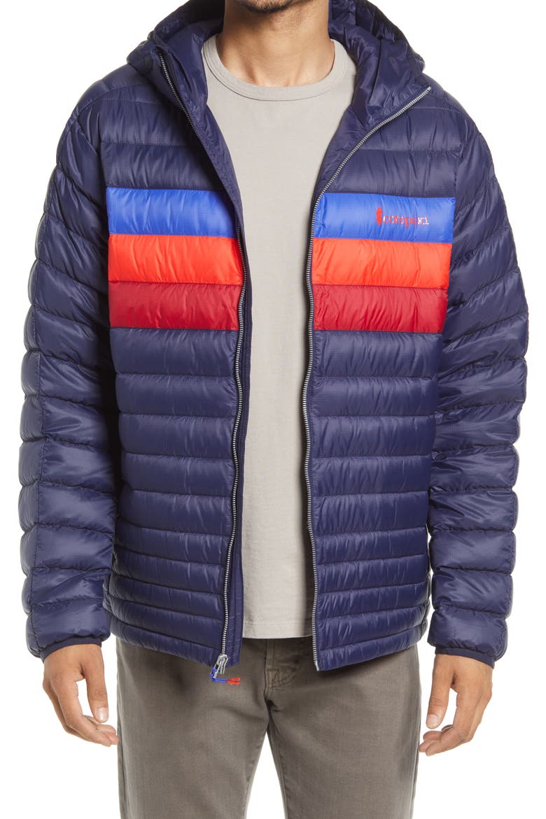 Fuego Water Resistant 800 Fill Power Hooded Down Jacket, Main, color, MARITIME/ BLUE VIOLET STRIPES