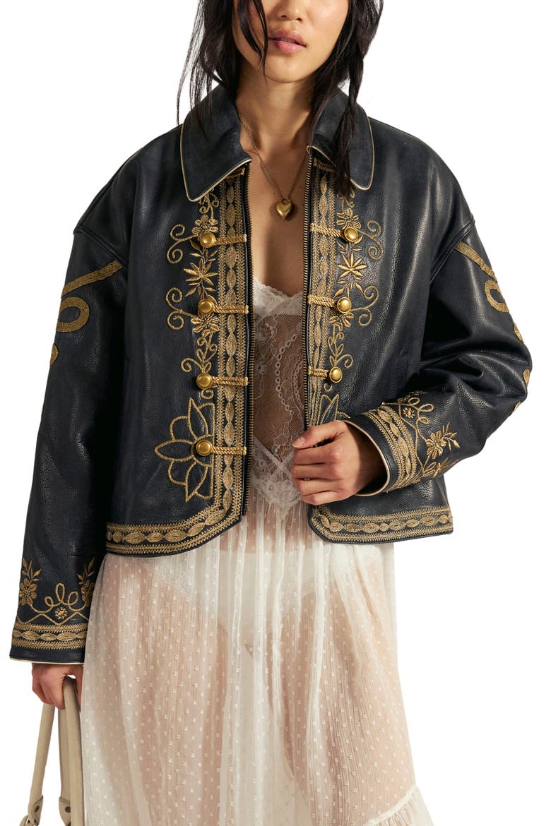 Lana Embroidered Leather Jacket, Main, color, BLACK