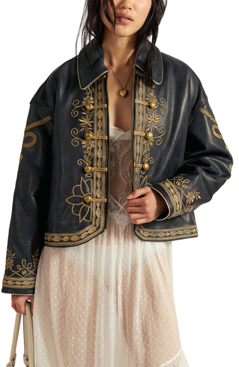 Free People Lana Embroidered Leather Jacket, Main, color, Black