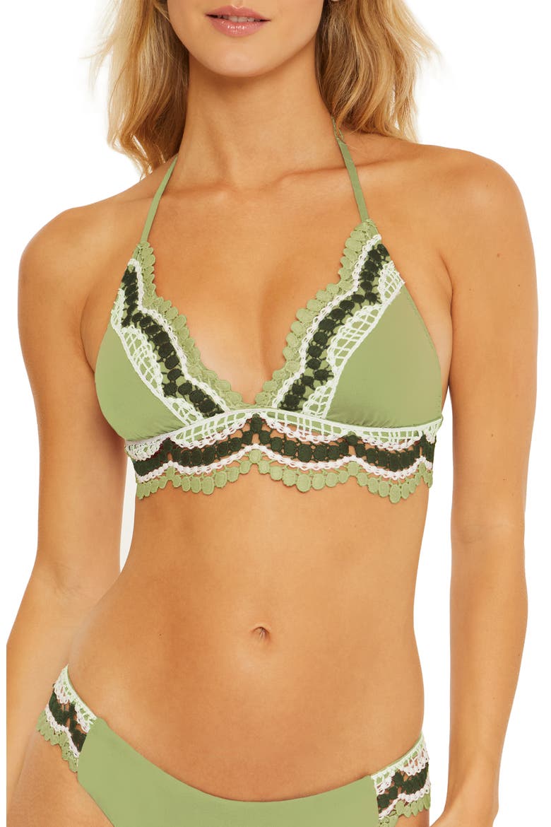 Delilah Crochet Trim Halter Bikini Top, Main, color, SAGE
