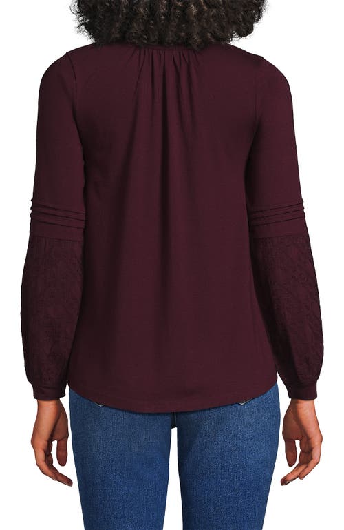 Lands' End Lightweight Jersey Lace Mix Long Sleeve Pintuck Top In Burgundy