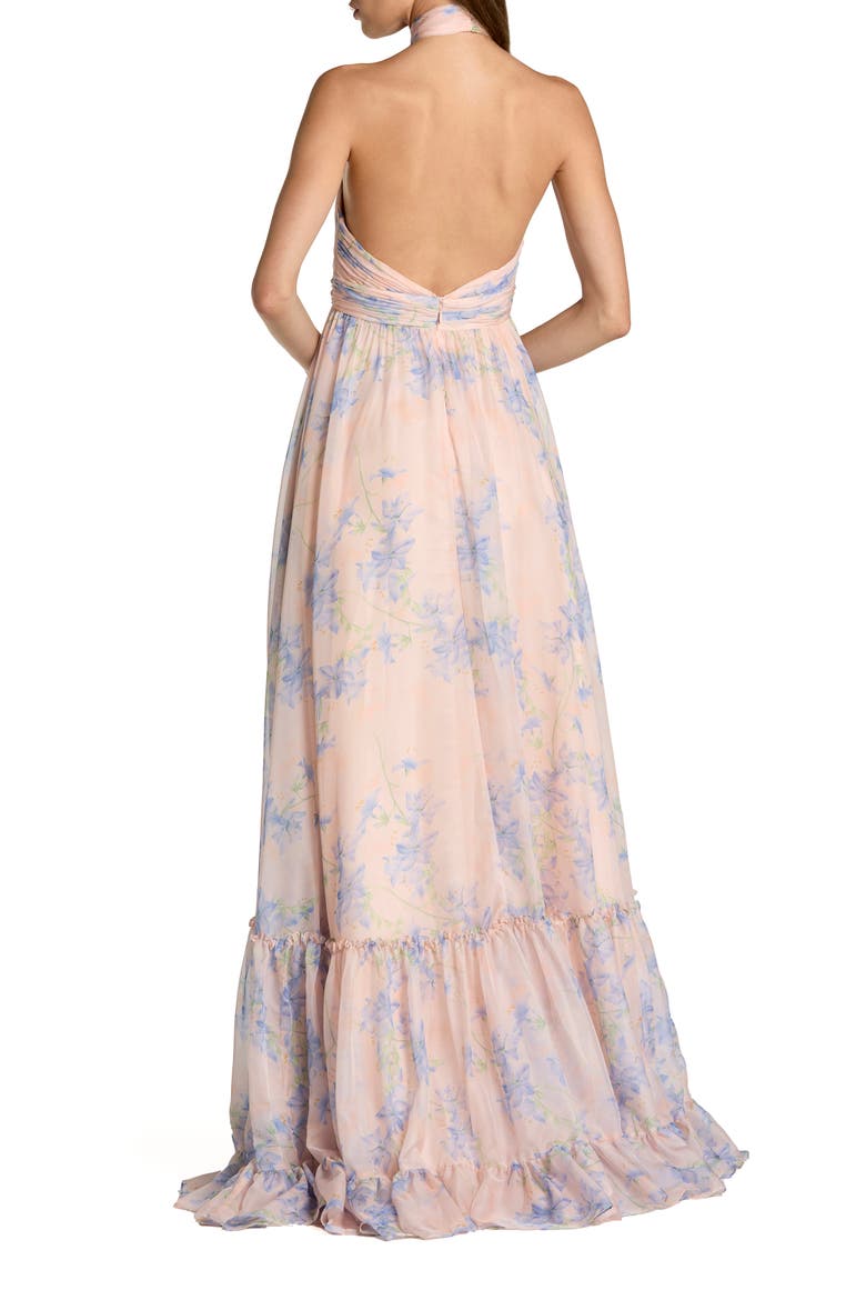 Asymmetrical Floral Halter Chiffon Gown with Ruffles, Alternate, color, Violet Multi