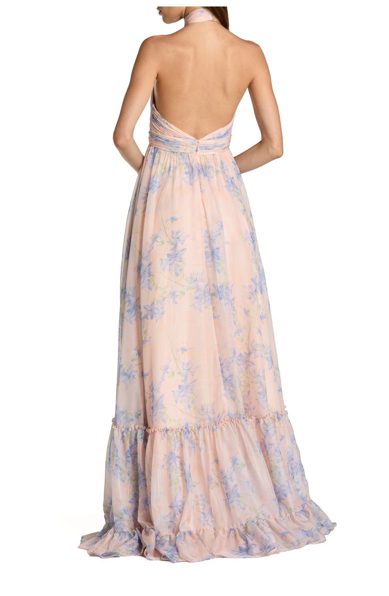 Mac Duggal Asymmetrical Floral Halter Chiffon Gown with Ruffles, Alternate, color, Violet Multi