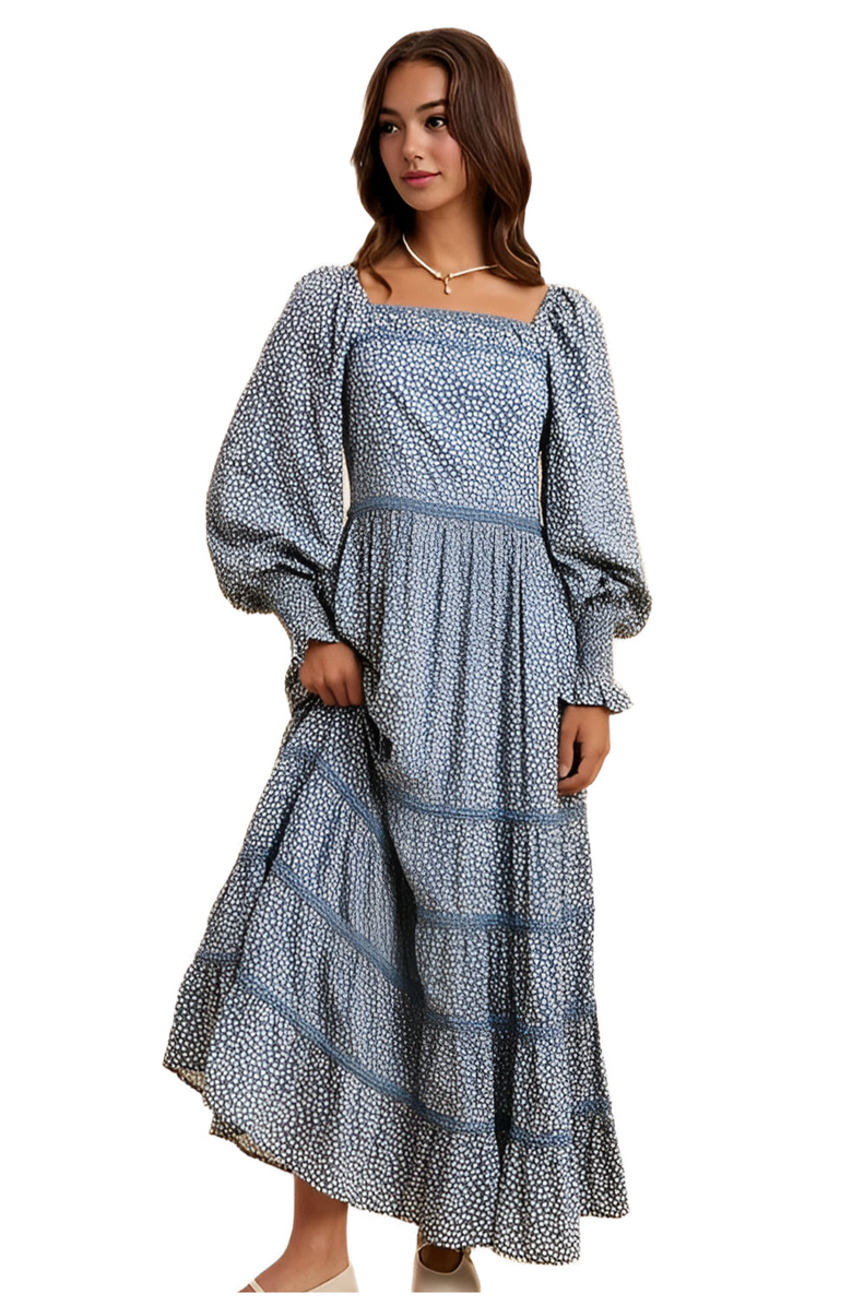 Knit and Lounge Long-Sleeve Tiered Square Neck Maxi Dress, Alternate, color, 