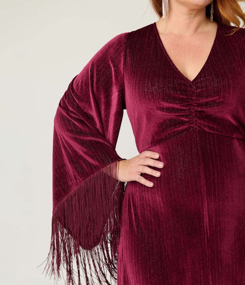 Smak Parlour Plus Size Fringed Long Bell Sleeved Ruched Maxi Dress In Burgundy