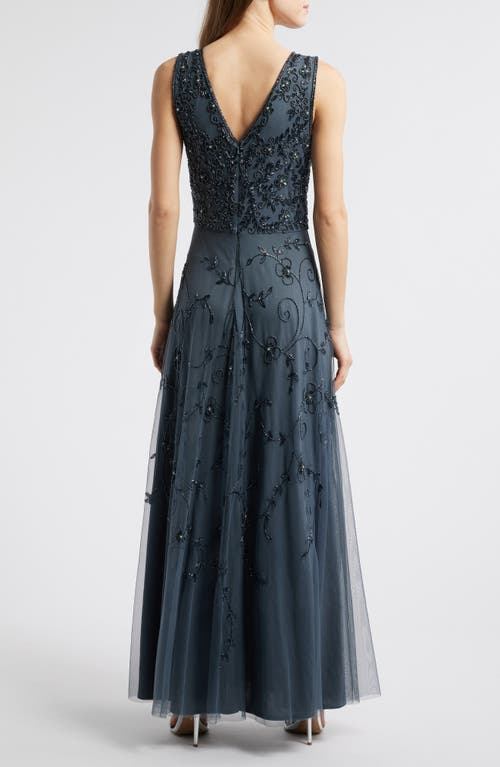 Pisarro Nights Beaded Mesh Gown With Jacket In New Steel