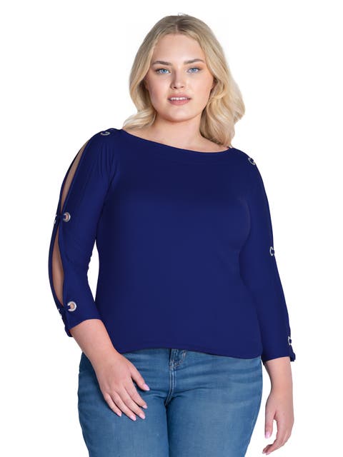 Plus Size Three Quarter Sleeve Boat Neck Cold Shoulder Grommet Detail Top