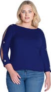 24seven Comfort Apparel Plus Size Three Quarter Sleeve Boat Neck Cold Shoulder Grommet Detail Top