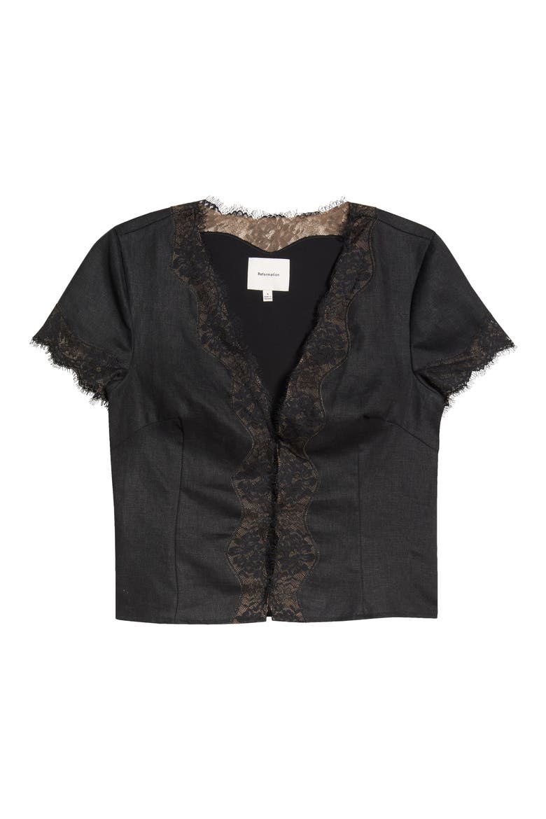 Brynn Lace Trim Linen Crop Top, Main, color, BLACK