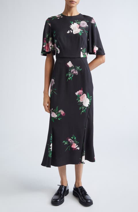 Floral Flutter Sleeve Stretch Cady Midi Dress