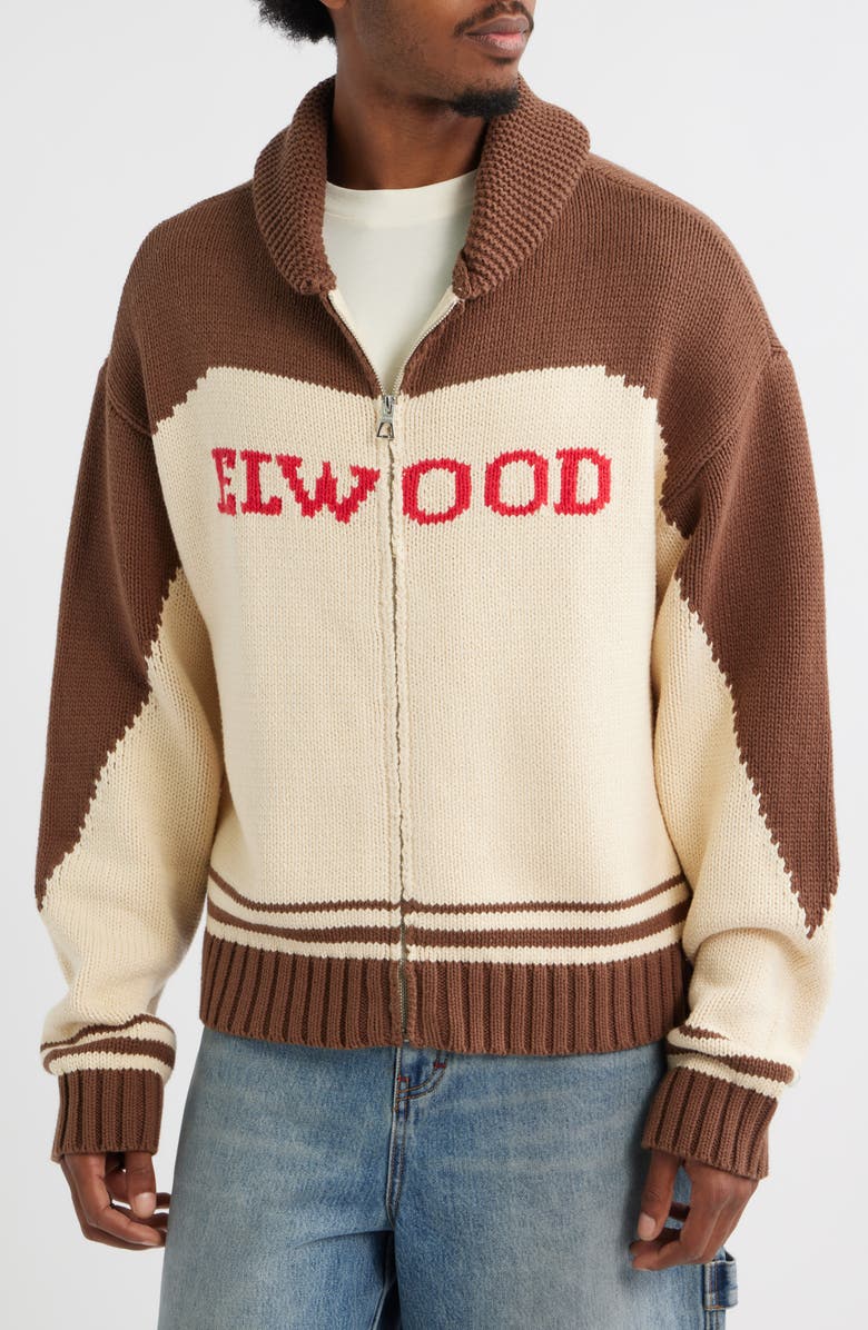 Elwood Camp Shawl Collar Zip Cardigan, Alternate, color, Brown/ Off White