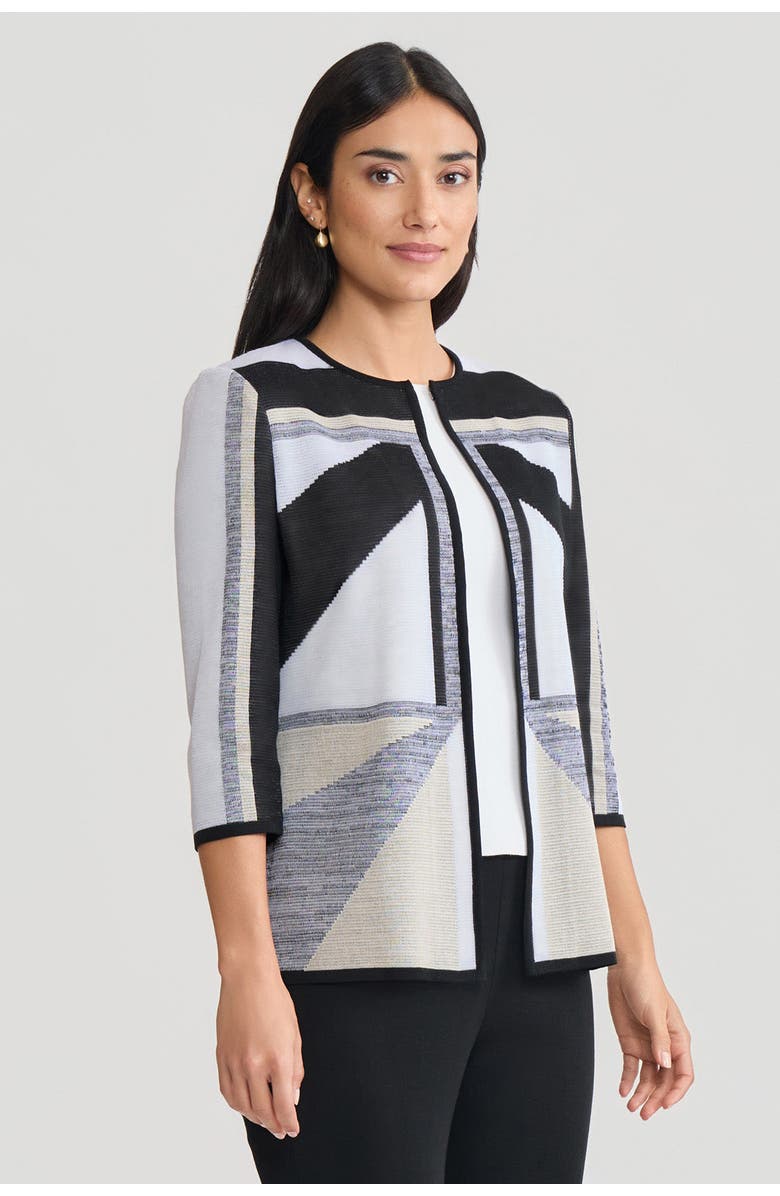 Ming Wang Heritage Colorblock Intarsia Knit Jacket, Alternate, color, Limestone/Black/White