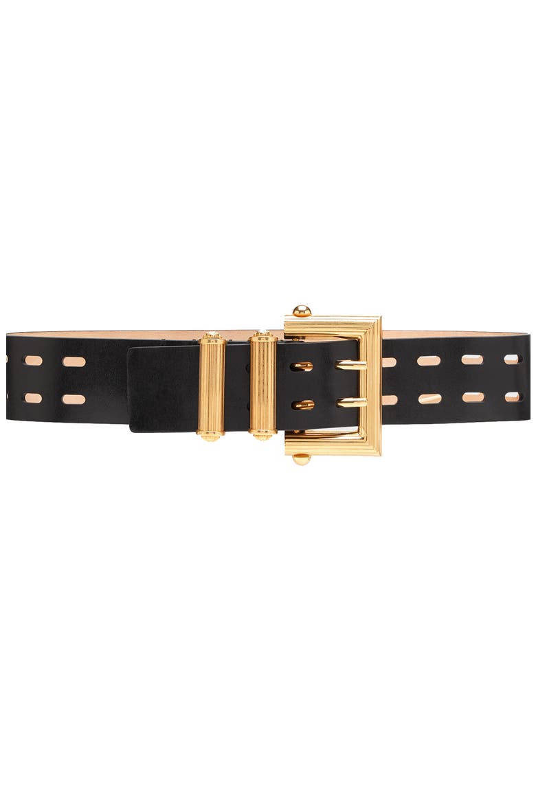 Square Buckle Laser Cut Belt, Main, color, NERO/ GOLD TRIBUTE