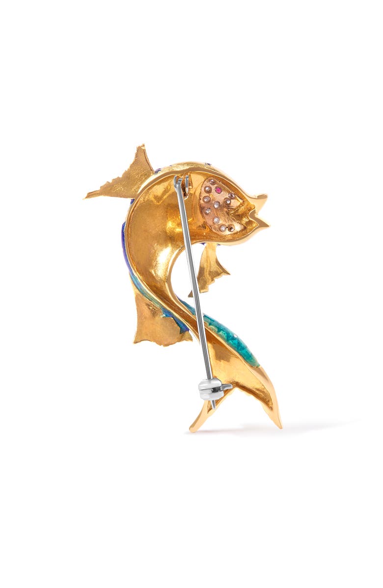 Haus of Brilliance 18K Yellow Gold and Blue Enamel Diamond and Pink Sapphire Fish Brooch Pin, Alternate, color, Yellow